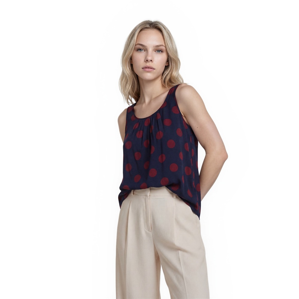 NEW Talbots Polka Dot Blouse Top Women's Size 6P Petite Navy Blue Burgundy Pleat